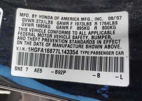 2007 Honda Civic Ex z USA, uszkodzony, nr VIN 1HGFA16877L143354